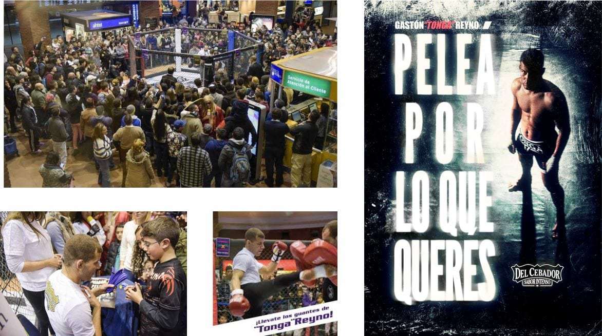Collage de la exhibición en Shopping Tres Cruces: la multitud alrededor del ring, Tonga firmando autógrafos y el afiche «Peleá por lo que querés»