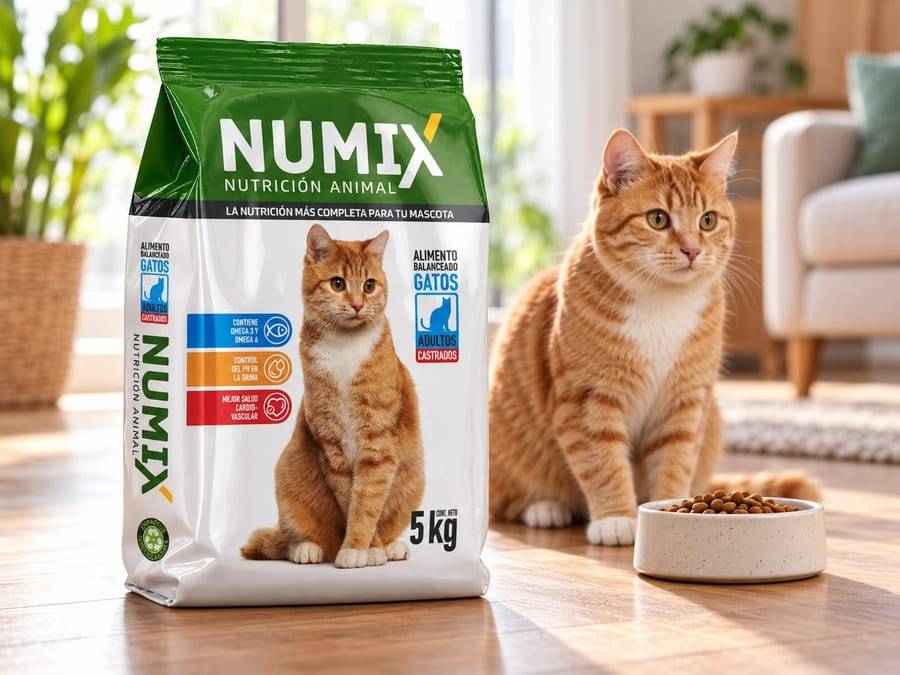 Bolsa de alimento Numix para gato adulto castrado junto a un gato naranja y un cuenco
