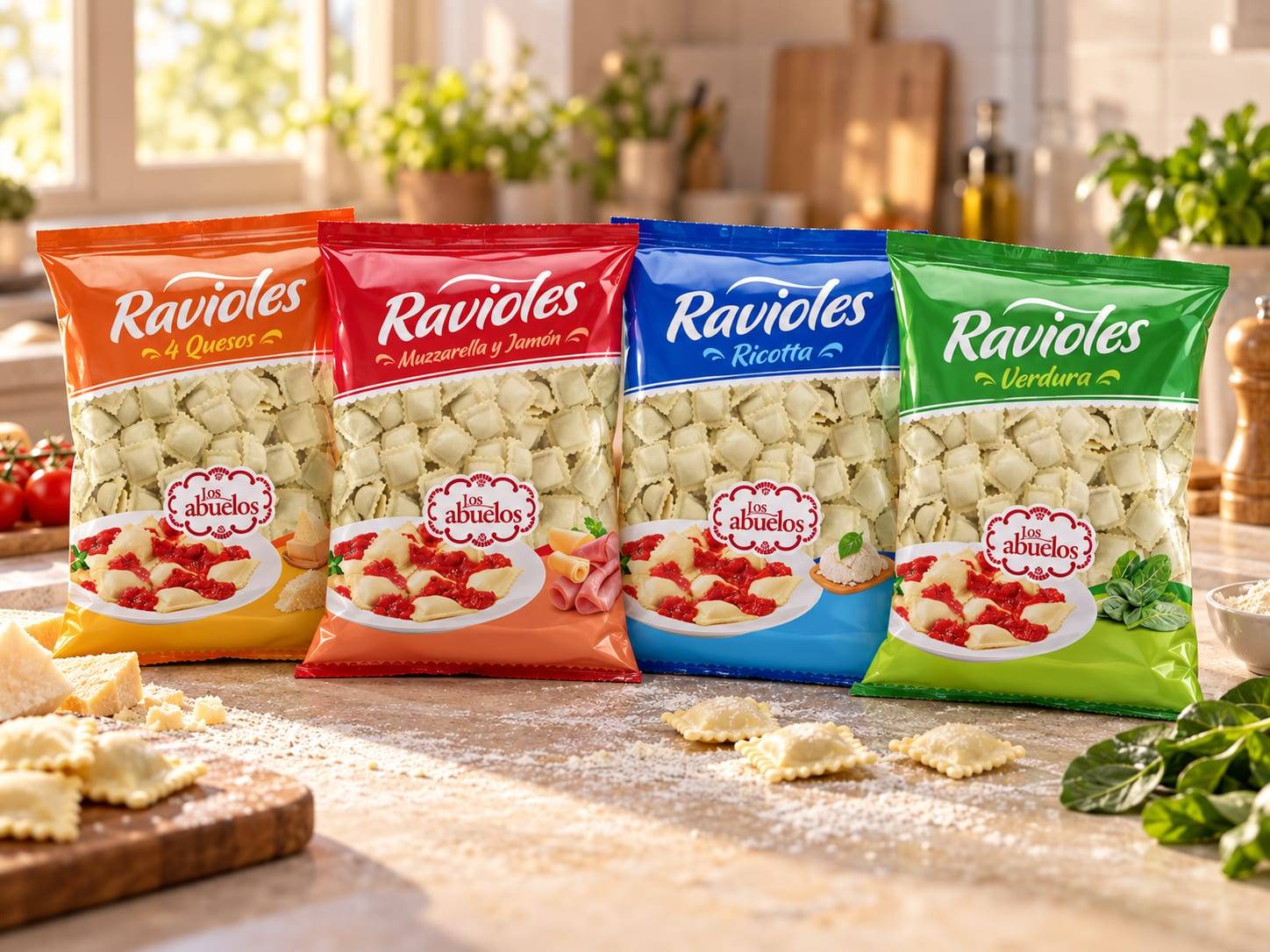 Cuatro paquetes de ravioles Los Abuelos, de distintas variedades, sobre una tabla de cocina