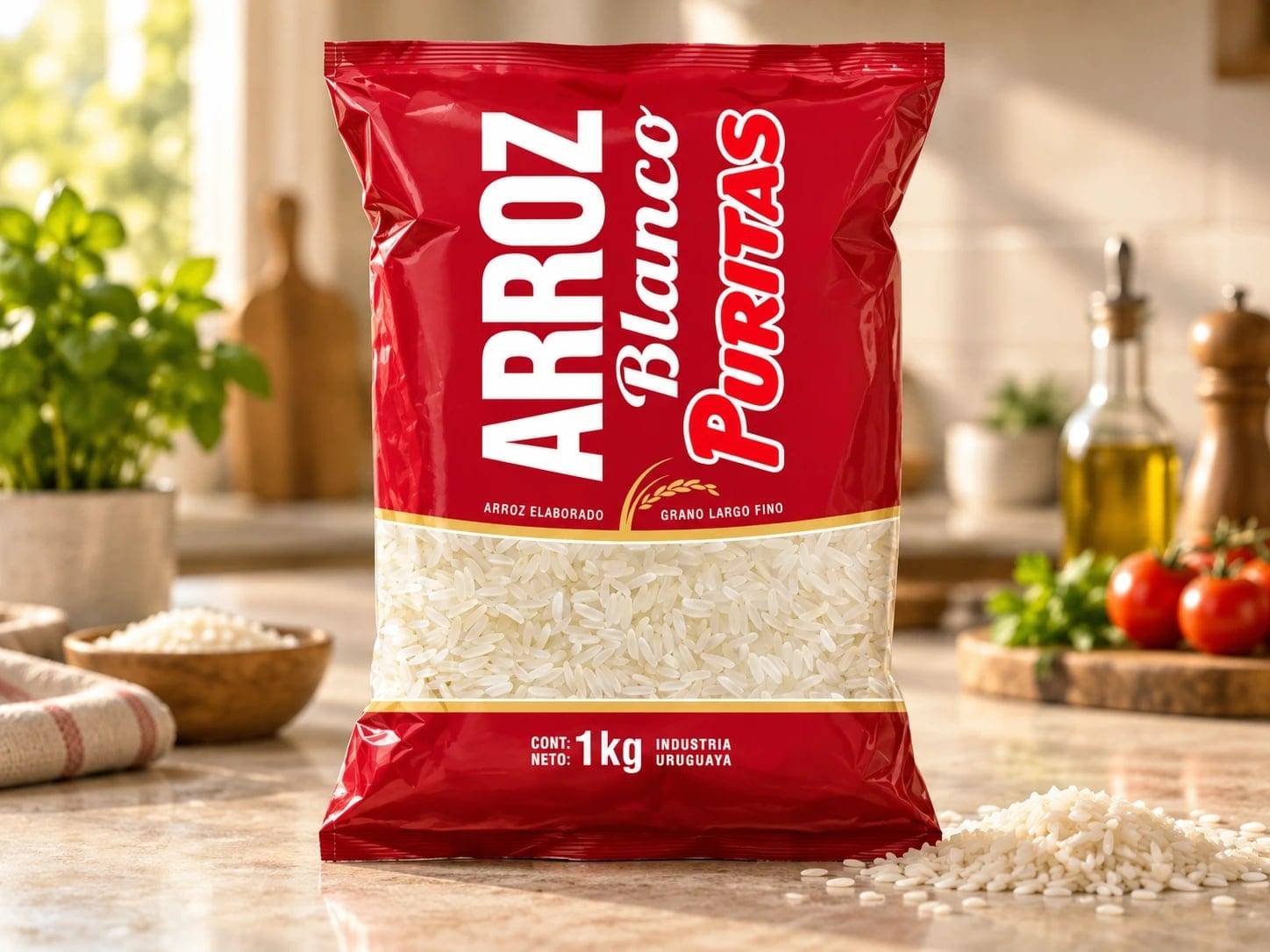 Bolsa de Arroz Blanco Puritas de 1 kg sobre una mesada de cocina luminosa, con arroz, tomates y aceite de oliva