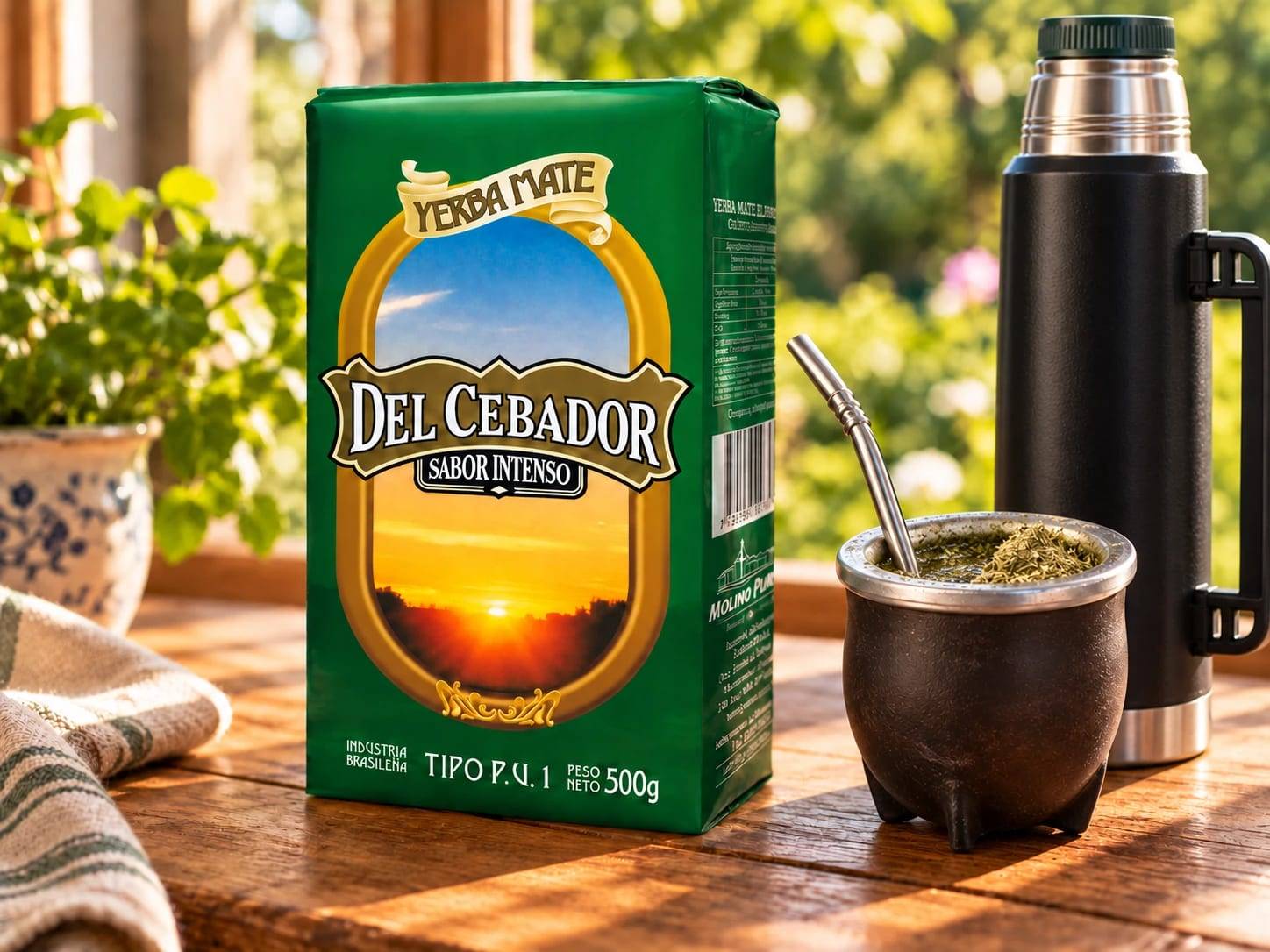 Paquete de yerba mate Del Cebador junto a un mate y un termo