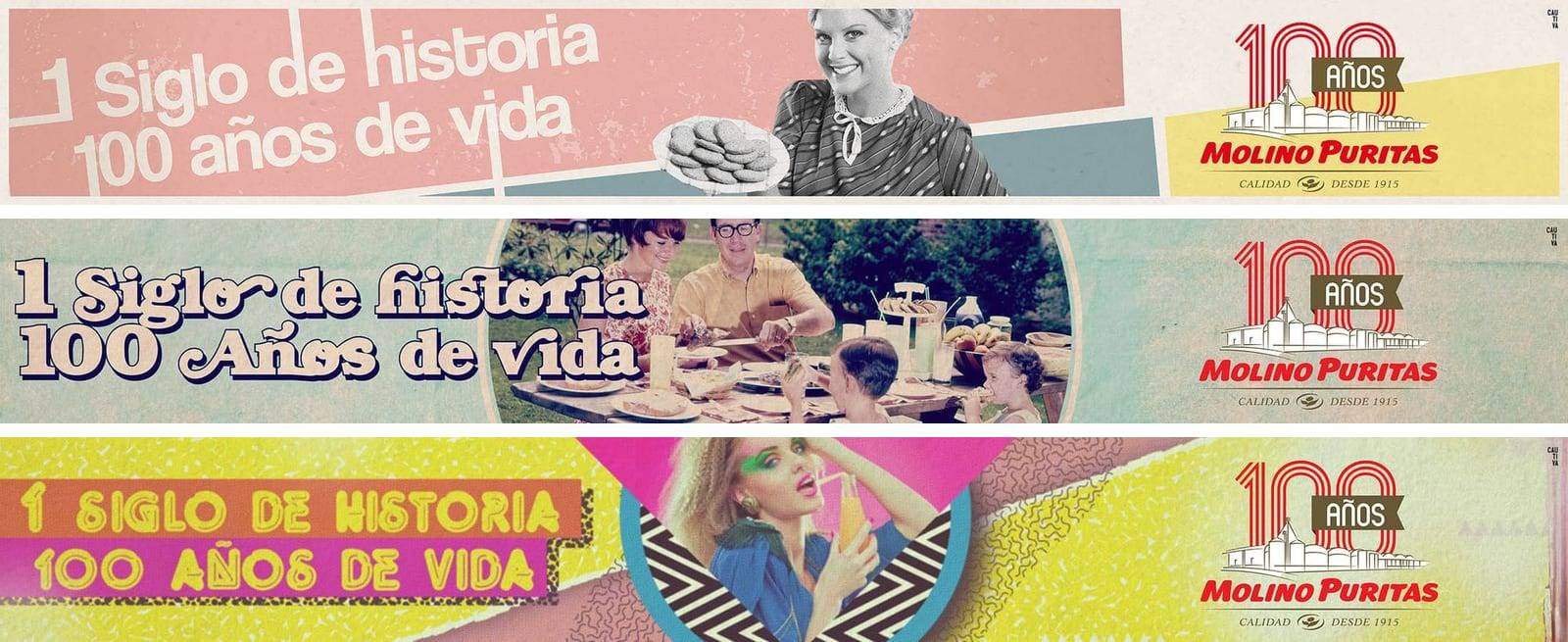 Tres diseños de lateral «1 siglo de historia, 100 años de vida», con una mujer de época, una familia a la mesa y una mujer de estética ochentera